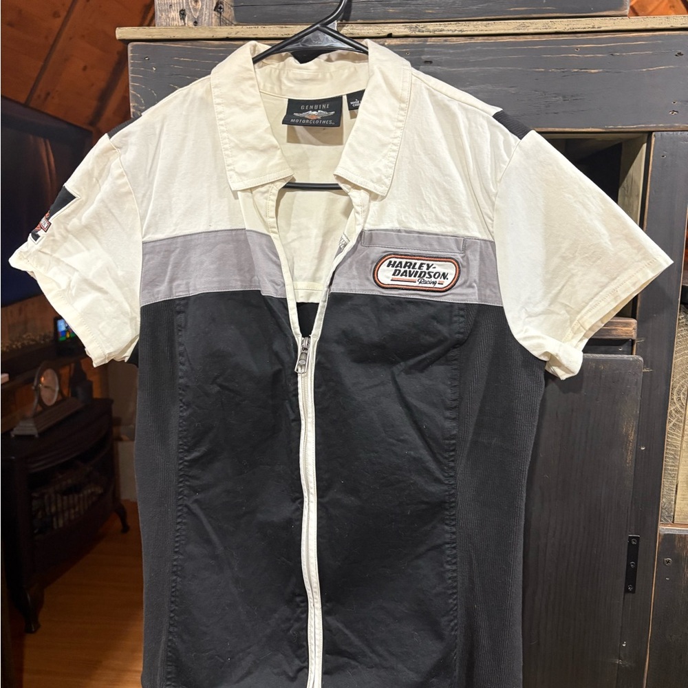 Harley-Davidson Black and Cream Zip-Up Blouse